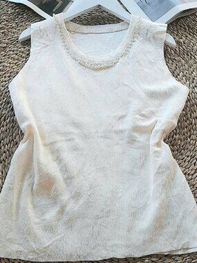 Ivory Pearl Embellished Sleeveless Knit Tank Top
